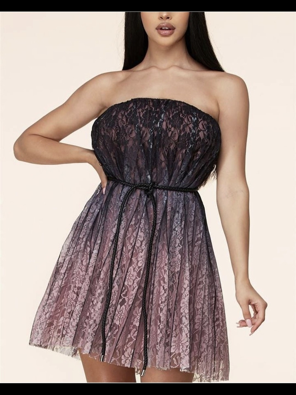Strapless Mauve-to-Black Ombre Lace Mini Dress